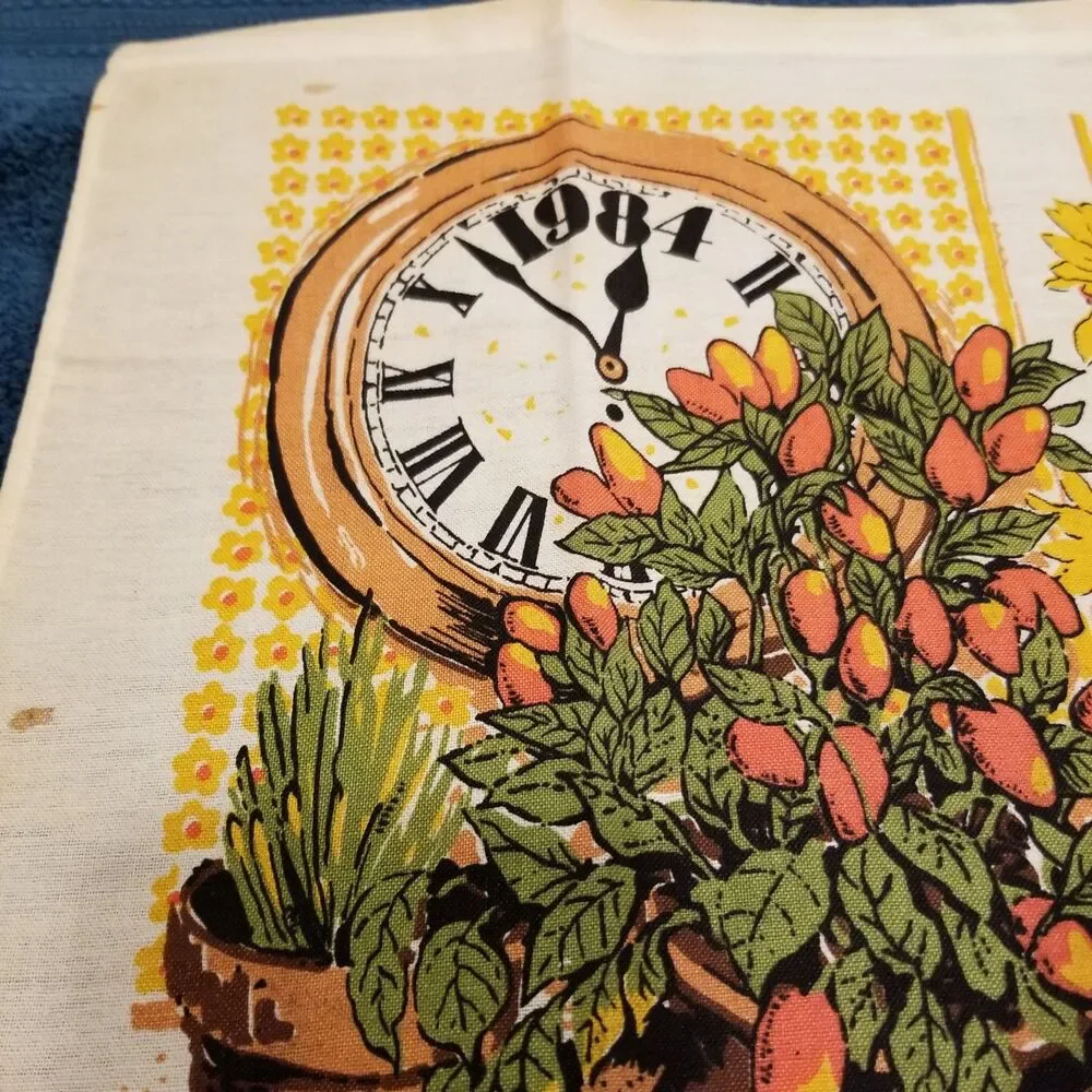 Vintage linen tea towel calendar flowers in vase and clock 1984 new old stock